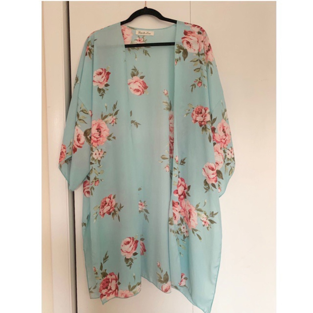 Teal Rose Long Kimono